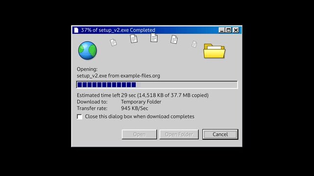 Retro file download window animation on black background, vintage computer progress bar copying setup file with globe and folder icons, 90s interface