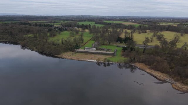 Aerial orbit over Lough Neagh around the Shane's Castle estate and its parkland, County Antrim, Northern Ireland
