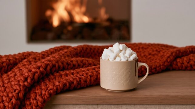 Mug of hot chocolate with mini marshmallows on a red chunky knit throw by a glowing fireplace, cozy winter scene for beverage ads and home decor