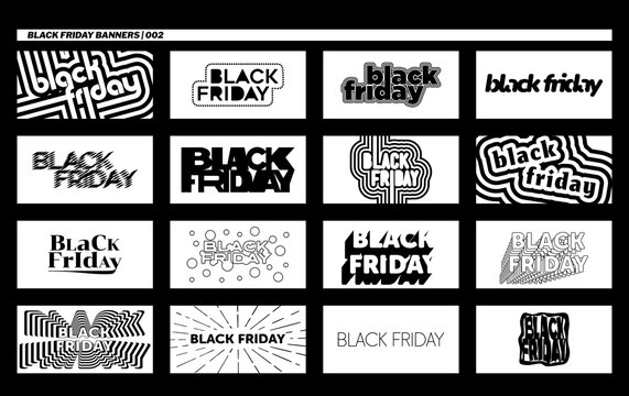 Black Friday monochrome banners with line art and shadow lettering