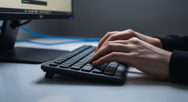 Close-up of hands typing on a black computer keyboard at a desk