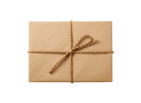 Brown paper parcel gift box with twine on transparent background