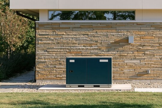 Standby home generator with a smooth powder-coated finish on a concrete pad, installed by a stacked stone wall for residential backup power
