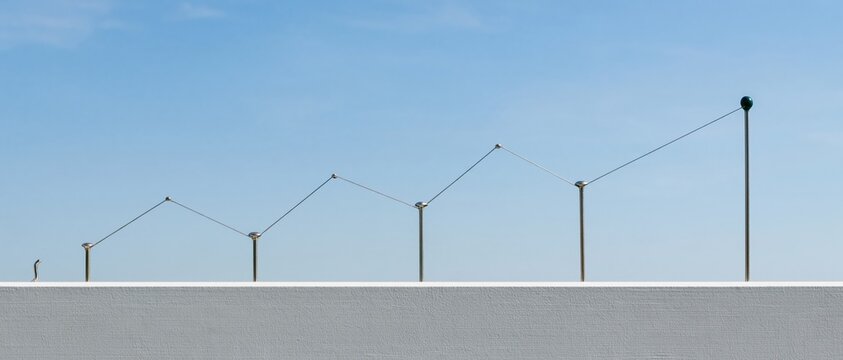 Financial graph uptrend line chart created with taut thread and metal pins on a blue surface, featuring hard shadows for business banners