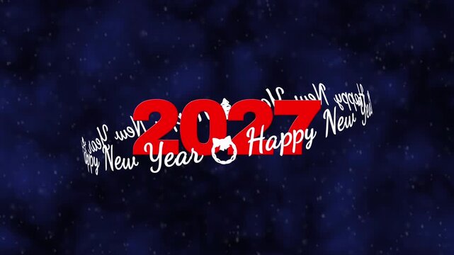 Аnimated new year greeting card with red numbers two thousand twenty seven on blue background