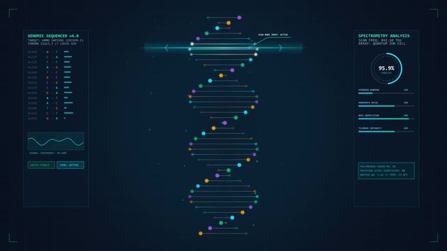 Futuristic digital interface showing a DNA double helix structure with medical research data