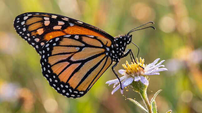 Monarch butterfly perched on a wild aster flower in a sunny meadow during the summer season