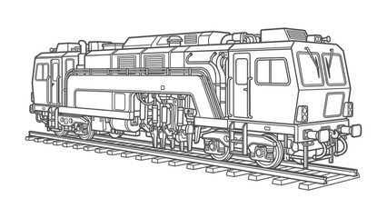 Locomotive Line Art: A detailed black and white line drawing of a modern diesel locomotive resting on railroad tracks, showcasing its mechanical components and robust design. © Murshida