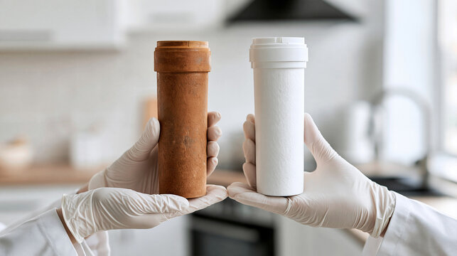 Gloved Hands Comparing Dirty Used and Clean New Water Filter Cartridges. Bright, clinical, and persuasive commercial aesthetic for filter replacement reminders or home health ads.