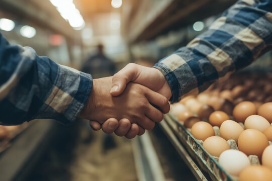 Handshake inside an egg production facility, symbolizing agricultural business partnership, food industry collaboration, trust, and successful deal-making in a professional setting.
