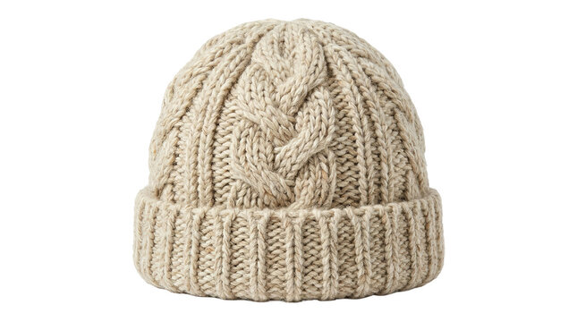 Cozy beige knit beanie hat with cable pattern and folded brim design