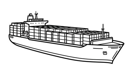 Cargo Ship Illustration: A detailed line drawing of a modern cargo ship loaded with containers, ready for international transport and logistics. © Ahsan