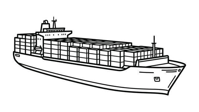 Cargo Ship Illustration: A detailed line drawing of a modern cargo ship loaded with containers, ready for international transport and logistics.