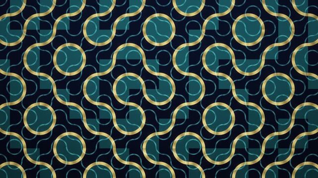 Abstract geometric pattern with golden interlocking circles and teal waves, seamless motion background for loop and graphics Projects shapes animated texture gold lines modern design luxury aesthetic