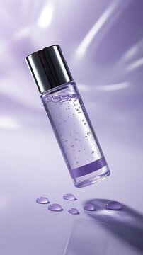 Floating purple cosmetic bottle with serum liquid and air bubbles on light purple background