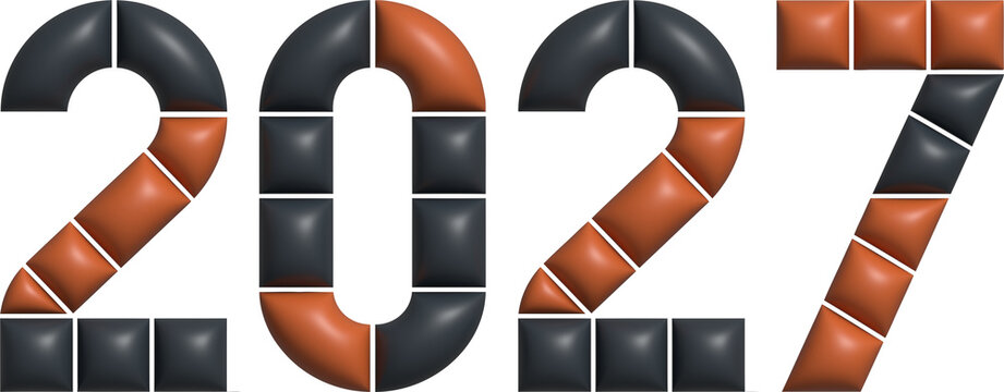2027 numeric year design composed of alternating dark grey and rustic orange cube segments