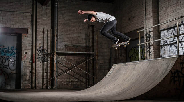 Skateboarder performing a trick in an urban skate park with graffiti
