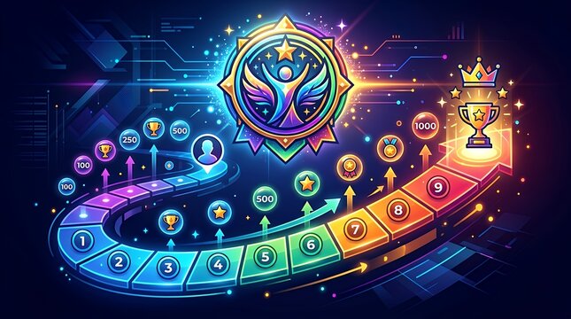 Vibrant multicolored leaderboard ranking badge illustrating gamified achievement score system user progression metrics competitive level advancement chart and modern winner visual interface set