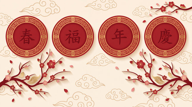 A festive Lunar New Year background featuring four red ornate medallions with Chinese characters, decorated with blooming plum blossom branches and clouds.