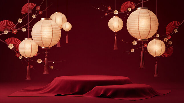 A luxurious 3D podium draped in red velvet, surrounded by glowing paper lanterns, folding fans, and plum blossoms for a festive Chinese New Year product display.