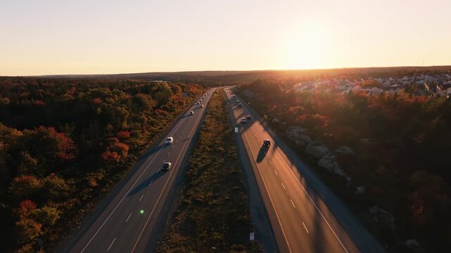 Golden autumn sunlight falls over a nova scotia highway and solar panels in canada