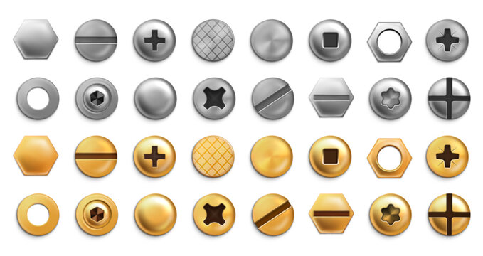 Realistic gold and silver fastener hardware collection with screws, bolts, nuts, washers, rivets and multiple drive heads for construction and repair design. Vector isolated set