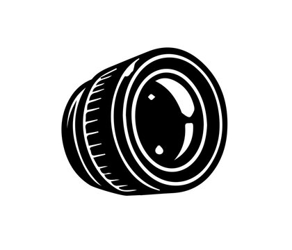 Black Camera Lens with Detailed Optical Glass and Focus Ring Illustration
