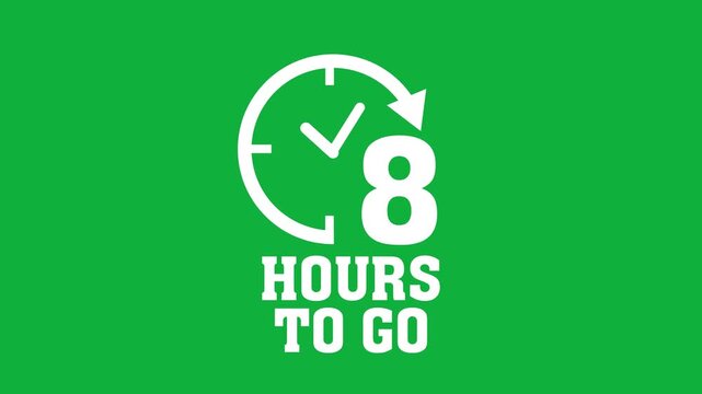Animated 8 hours to go countdown timer with clock and circular arrow