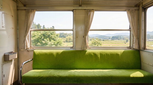 Green train seat inside vintage carriage with window view of rural landscape