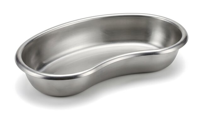 Stainless steel kidney-shaped emesis basin isolated on white background