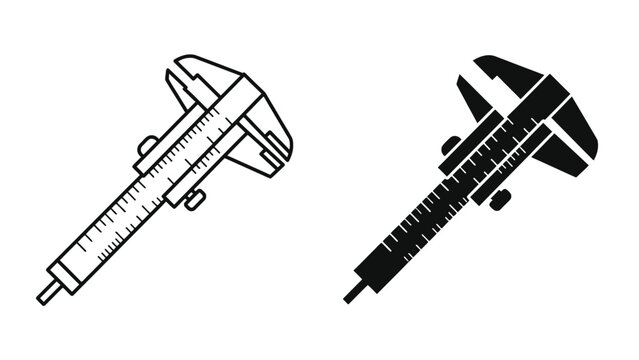 Vernier caliper vector graphic illustration featuring black outline and solid style precision measuring tools