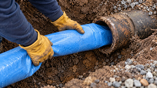 Plumber inserting flexible blue resin liner into damaged underground sewer pipe during trenchless pipeline rehabilitation and drain repair