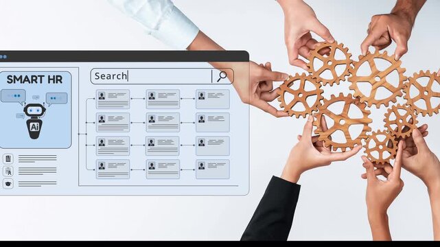 This image showcases the fusion of AI and human resource management, emphasizing teamwork through gear symbols and digital innovation for improved business efficiency. Raster