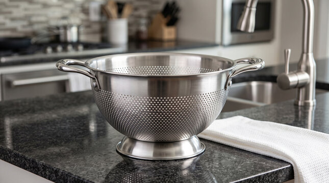 Modern stainless steel colander with perforated bottom resting on sleek gas stove top for culinary photography or food blogging.