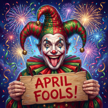 A cheerful jester in a red and green costume holds a wooden sign that says April Fools against a vibrant, festive background of colorful fireworks and confetti.