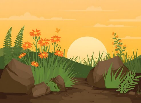 Sunset meadow landscape with vibrant orange wild flowers rocks and green grass vector illustration