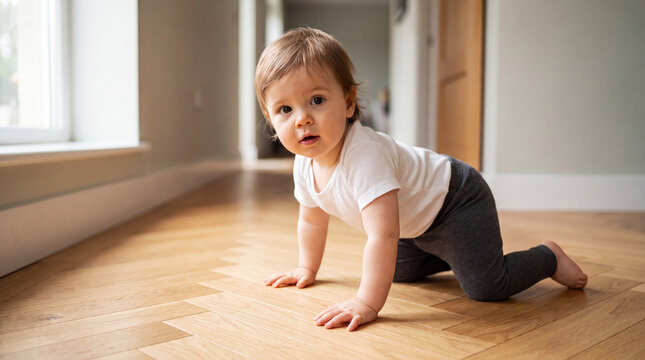 A cute baby wearing a white bodysuit and grey leggings crawls across a modern hardwood floor in a brightly lit house, looking directly at the camera.