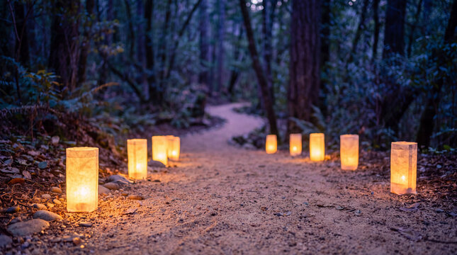 A row of glowing paper luminaria lanterns light a winding sandy path through a dark, mysterious forest at twilight, creating a peaceful and magical atmosphere.