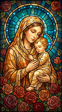 A beautiful stained glass artwork depicting the Virgin Mary holding the Baby Jesus, surrounded by vibrant red roses and a glowing blue halo.