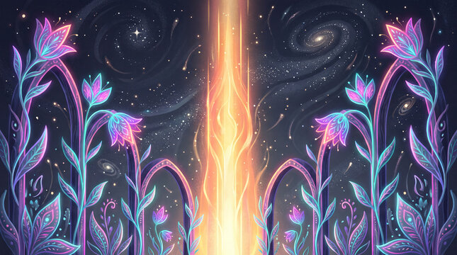 A magical fantasy illustration featuring neon glowing flowers arranged in arched patterns under a starry galaxy background with a central beam of golden light.
