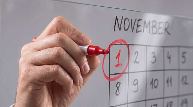 Close-up of a person's hand using a red marker to circle the date of November 1st on a transparent glass calendar board.