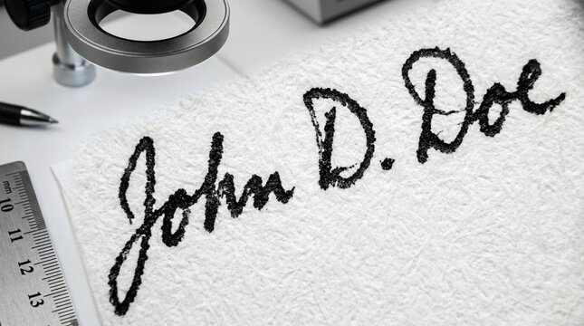 Forensic Document Examination Handwriting Analysis of John Doe Signature Under Magnifier