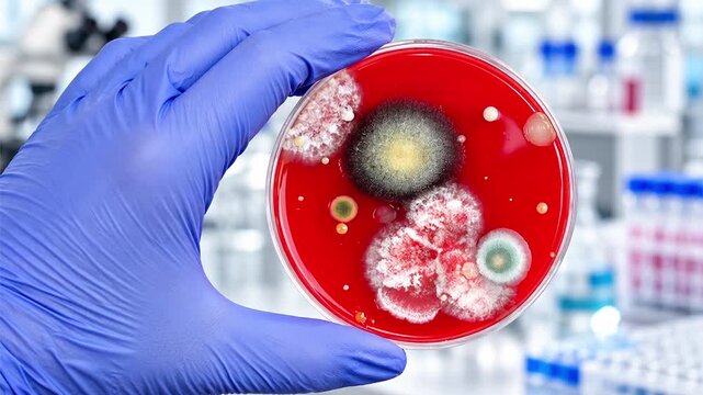 Mixed microbial colonies in a Petri dish, animated photograph. Gloved laboratory hand holding a blood agar culture with diverse fungal and bacterial growth, pigmentation and colony morphology.