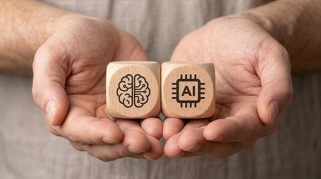 Two open hands cupping and bringing together two wooden blocks engraved with a human brain circuit icon and an artificial intelligence microchip symbol, representing AI connection.