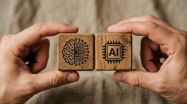 Two hands holding and aligning two wooden blocks engraved with a human brain circuit pattern and an artificial intelligence microchip icon, representing the fusion of mind and tech.