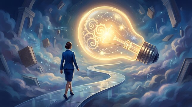 Conceptual surreal artwork featuring ambitious businesswoman walking toward glowing light bulb representing wisdom and brilliant business ideas conceptual surreal business woman light bulb wisdom