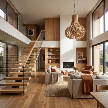 Interior view of a modern living room with a wooden staircase and pendant light