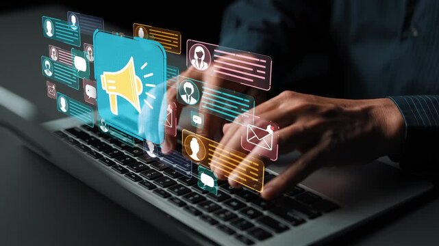 Hands Typing on Laptop with Colorful Social Media Notifications and Communication Icons Representing Digital Interaction and Online Engagement. Entropy.