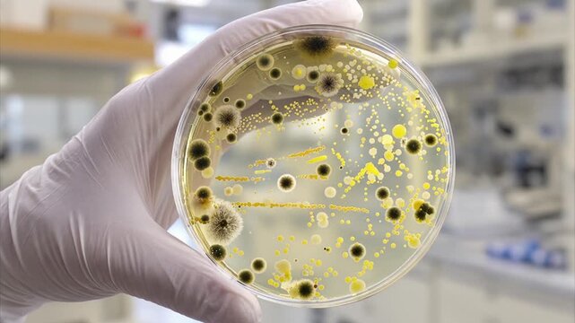 Mixed microbial colonies in a Petri dish, animated photograph. Laboratory culture showing diverse bacterial and fungal growth, pigmentation, contamination and colony morphology on agar.