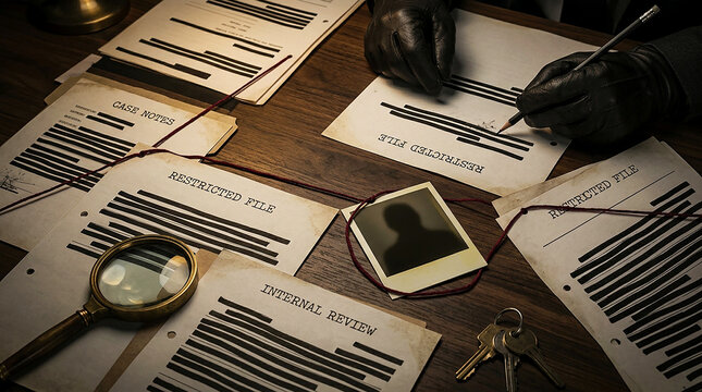 Gloved hand writing on redacted confidential documents detective investigation mystery concept espionage secrets journalism research case notes internal review restricted file crime scene